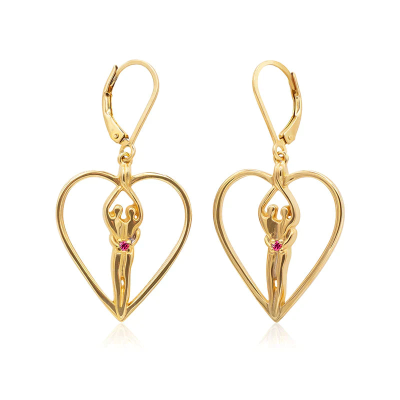 Soulmate Heart Earrings, 1" by ¾", with 14kt. Gold Overlay, .925 Genuine Sterling Silver, Lever Back, Amethyst Cubic Zirconia