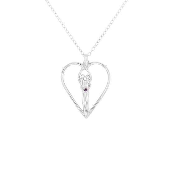 Collar mediano con forma de corazón de alma gemela, plata de ley auténtica .925, cadena de 18", dije de 1 ¼" por ¾", circonita cúbica de amatista