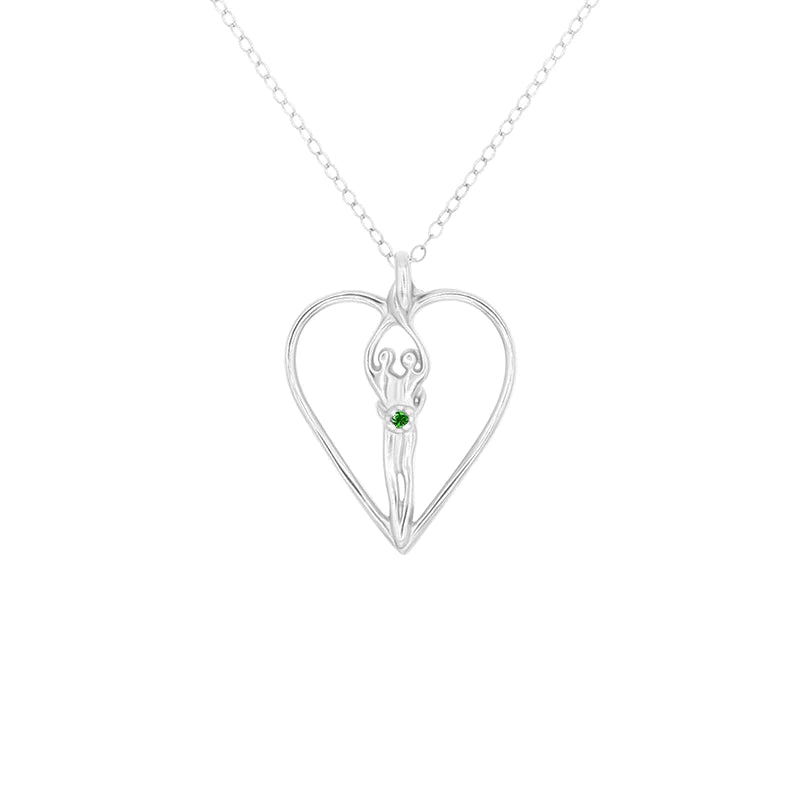 Medium Soulmate Heart Necklace, .925 Genuine Sterling Silver, 18" Chain, Charm 1 ¼" by ¾", Emerald Cubic Zirconia