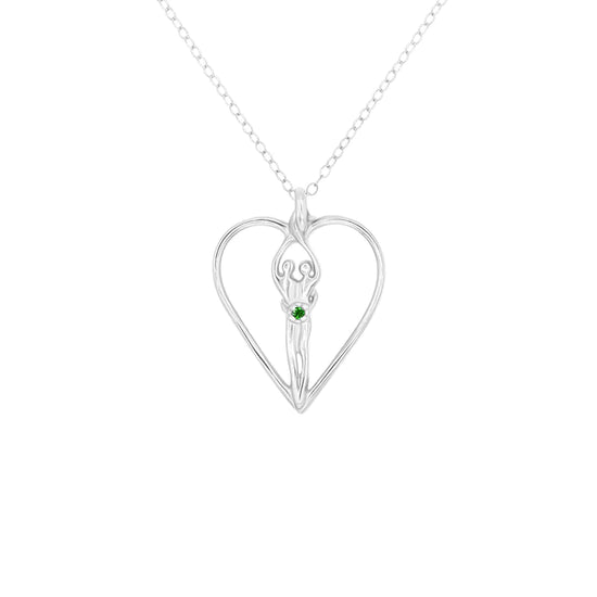 Medium Soulmate Heart Necklace, .925 Genuine Sterling Silver, 18" Chain, Charm 1 ¼" by ¾", Emerald Cubic Zirconia
