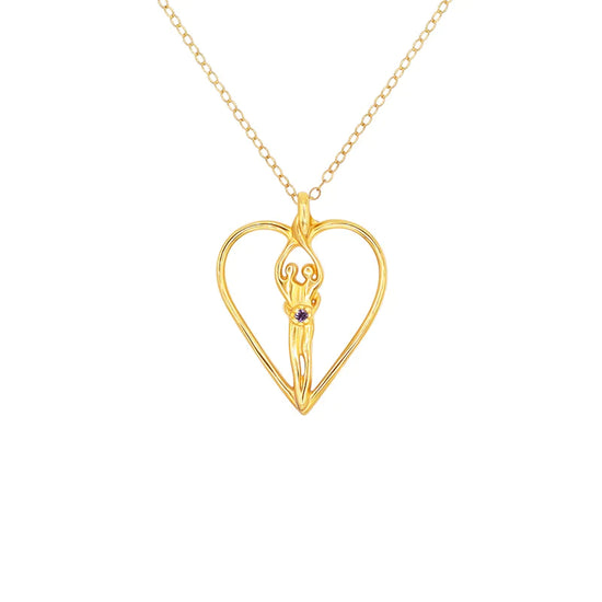 Medium Soulmate Heart Necklace, .925 Genuine Sterling Silver with 14kt. Gold Overlay, 18" Chain, Charm 1 ¼" by ¾", Ruby Cubic Zirconia