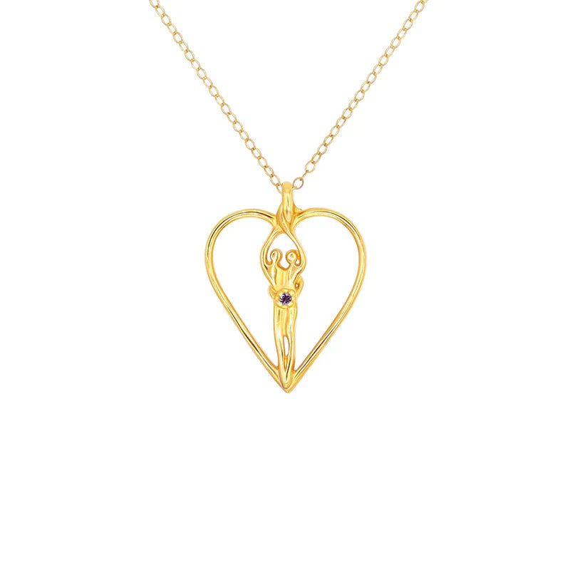 Load image into Gallery viewer, Medium Soulmate Heart Necklace, .925 Genuine Sterling Silver with 14kt. Gold Overlay, 18&amp;quot; Chain, Charm 1 ¼&amp;quot; by ¾&amp;quot;, Amethyst Cubic Zirconia
