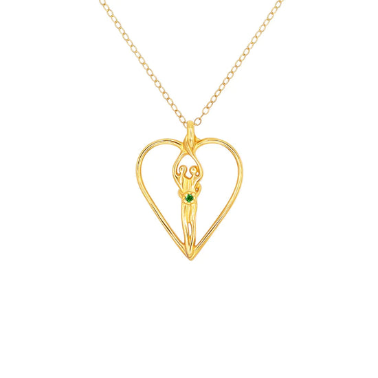Load image into Gallery viewer, Medium Soulmate Heart Necklace, .925 Genuine Sterling Silver with 14kt. Gold Overlay, 18&amp;quot; Chain, Charm 1 ¼&amp;quot; by ¾&amp;quot;, Emerald Cubic Zirconia
