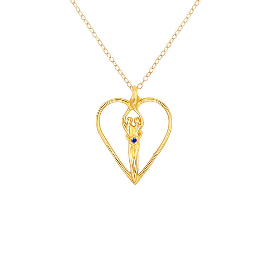 Medium Soulmate Heart Necklace, .925 Genuine Sterling Silver with 14kt. Gold Overlay, 18" Chain, Charm 1 ¼" by ¾", Emerald Cubic Zirconia