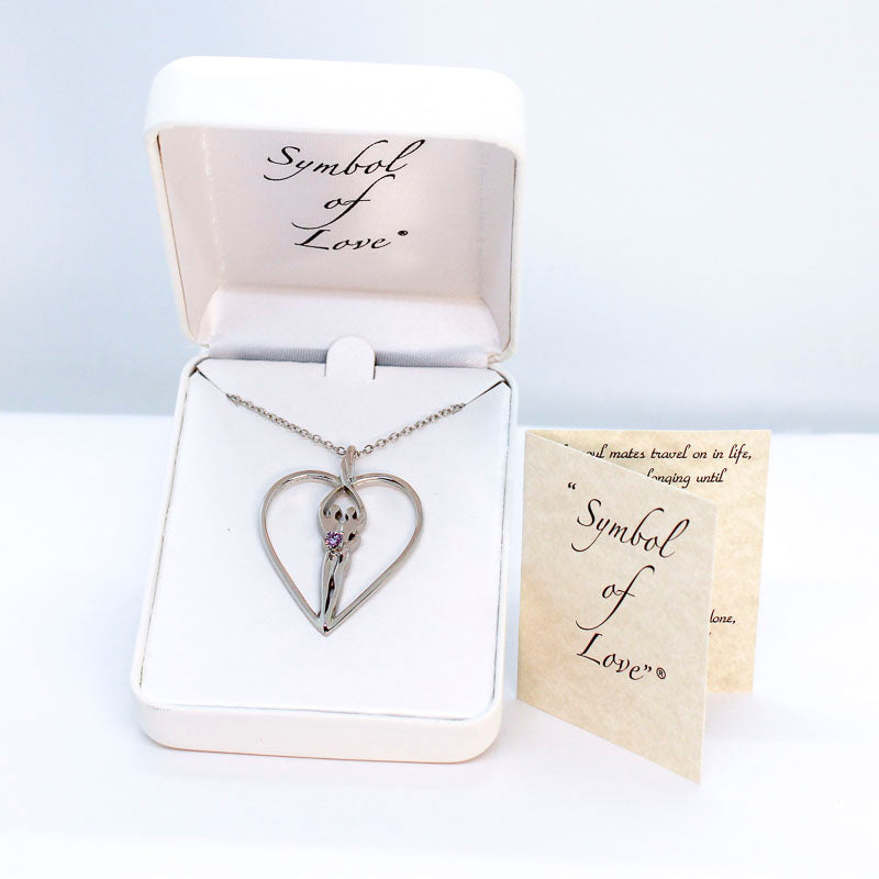 Large Soulmate Heart Necklace, .925 Genuine Sterling Silver, 18" Chain, Charm 1 ½" by 1 ¼", Amethyst Cubic Zirconia Stone