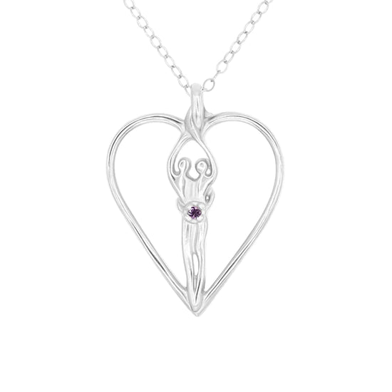 Large Soulmate Heart Necklace, .925 Genuine Sterling Silver, 18" Chain, Charm 1 ½" by 1 ¼", Amethyst Cubic Zirconia