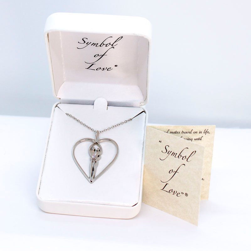 Large Soulmate Heart Necklace, .925 Genuine Sterling Silver, 18" Chain, Charm 1 ½" by 1 ¼", Emerald Cubic Zirconia