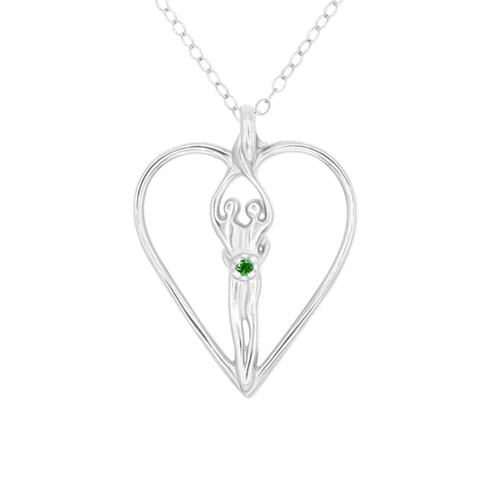 Large Soulmate Heart Necklace, .925 Genuine Sterling Silver, 18" Chain, Charm 1 ½" by 1 ¼", Emerald Cubic Zirconia