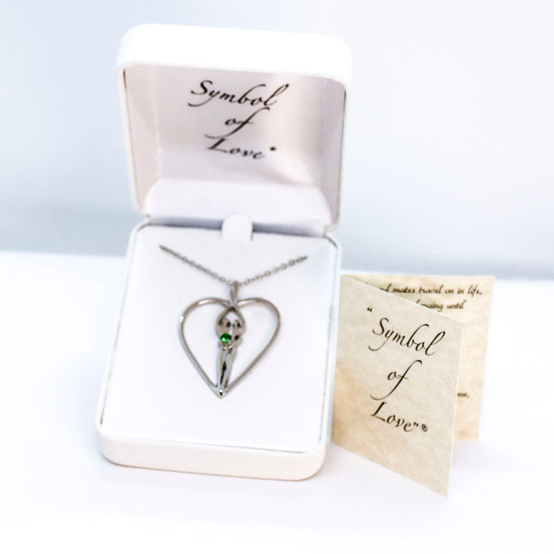 Large Soulmate Heart Necklace, .925 Genuine Sterling Silver, 18" Chain, Charm 1 ½" by 1 ¼", Emerald Cubic Zirconia Stone