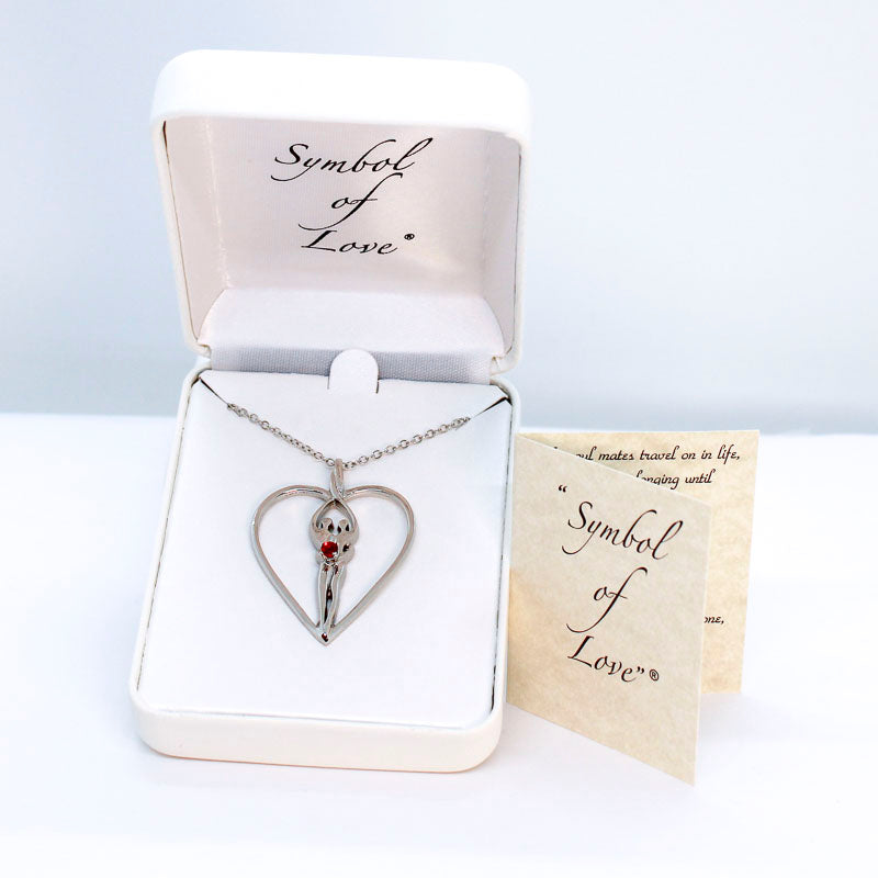 Large Soulmate Heart Necklace, .925 Genuine Sterling Silver, 18" Chain, Charm 1 ½" by 1 ¼", Ruby Cubic Zirconia Stone