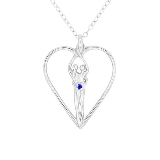 Large Soulmate Heart Necklace, .925 Genuine Sterling Silver, 18" Chain, Charm 1 ½" by 1 ¼", Sapphire Cubic Zirconia