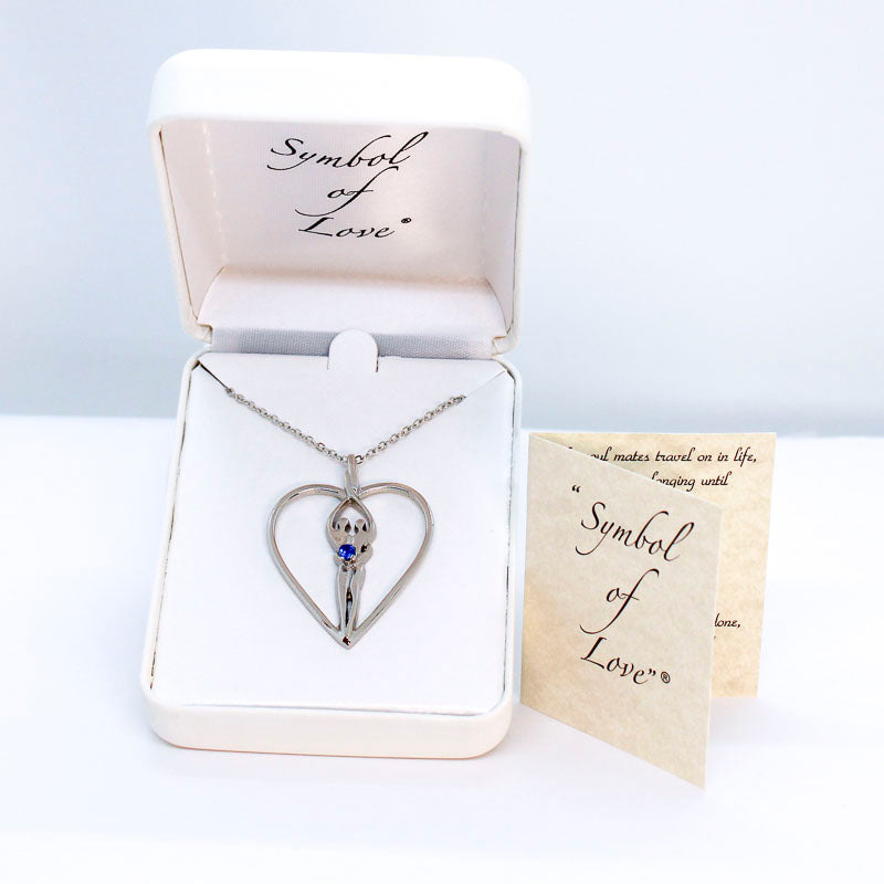 Large Soulmate Heart Necklace, .925 Genuine Sterling Silver, 18" Chain, Charm 1 ½" by 1 ¼", Sapphire Cubic Zirconia Stone