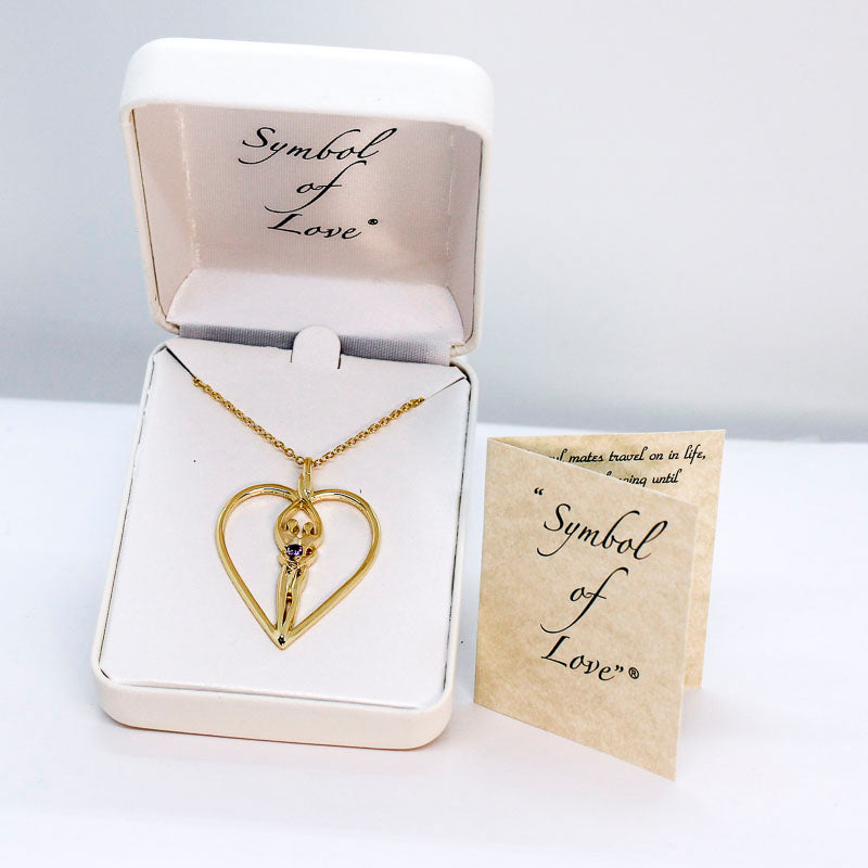 Large Soulmate Heart Necklace, .925 Genuine Sterling Silver with 14kt. Gold overlay, 18" Chain, Charm 1 ½" by 1 ¼", Amethyst Cubic Zirconia Stone