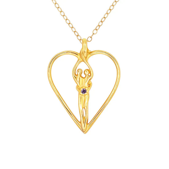 Large Soulmate Heart Necklace, .925 Genuine Sterling Silver with 14kt. Gold overlay, 18" Chain, Charm 1 ½" by 1 ¼", Amethyst Cubic Zirconia