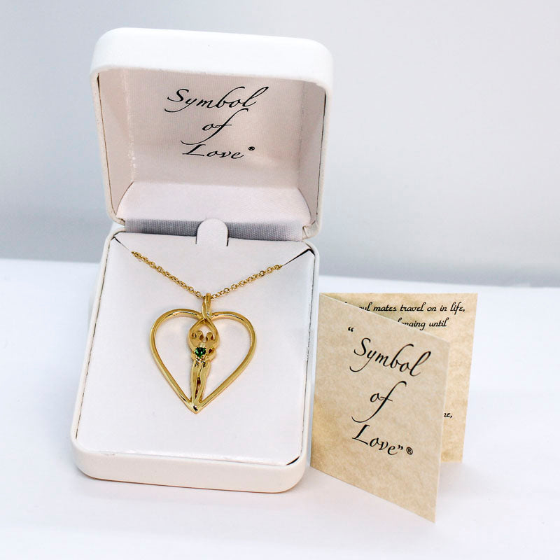 Large Soulmate Heart Necklace, .925 Genuine Sterling Silver with 14kt. Gold overlay, 18" Chain, Charm 1 ½" by 1 ¼", Emerald Cubic Zirconia Stone