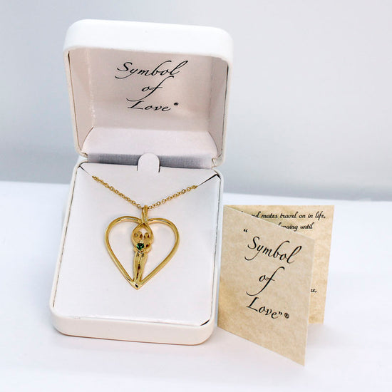 Large Soulmate Heart Necklace, .925 Genuine Sterling Silver with 14kt. Gold overlay, 18" Chain, Charm 1 ½" by 1 ¼", Emerald Cubic Zirconia Stone