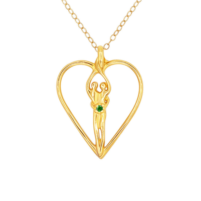 Large Soulmate Heart Necklace, .925 Genuine Sterling Silver with 14kt. Gold overlay, 18" Chain, Charm 1 ½" by 1 ¼", Emerald Cubic Zirconia Stone