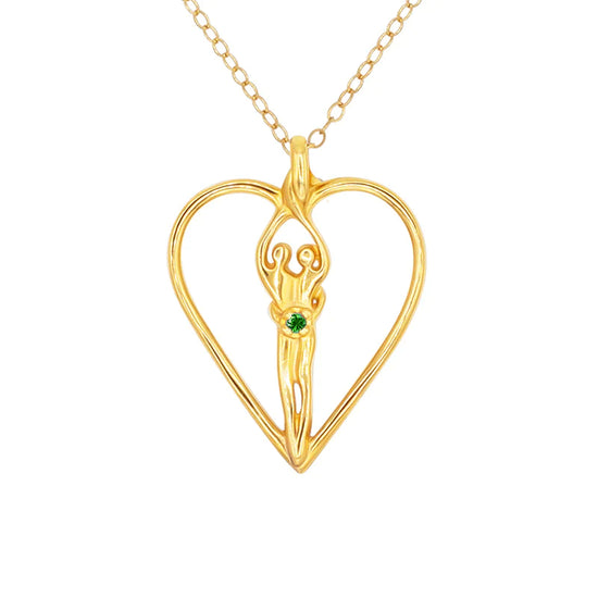 Large Soulmate Heart Necklace, .925 Genuine Sterling Silver with 14kt. Gold overlay, 18" Chain, Charm 1 ½" by 1 ¼", Emerald Cubic Zirconia