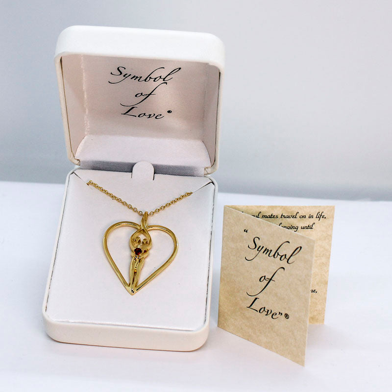 Large Soulmate Heart Necklace, .925 Genuine Sterling Silver with 14kt. Gold overlay, 18" Chain, Charm 1 ½" by 1 ¼", Ruby Cubic Zirconia Stone