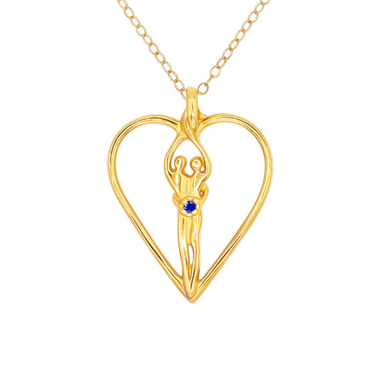 Large Soulmate Heart Necklace, .925 Genuine Sterling Silver with 14kt. Gold overlay, 18" Chain, Charm 1 ½" by 1 ¼", Sapphire Cubic Zirconia Stone