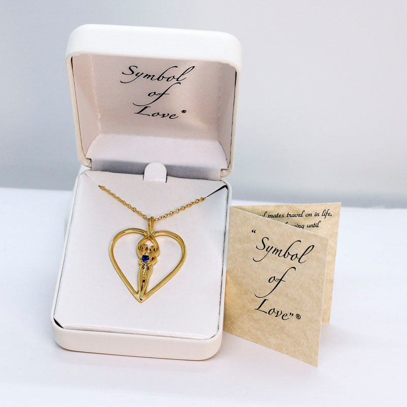 Large Soulmate Heart Necklace, .925 Genuine Sterling Silver with 14kt. Gold overlay, 18" Chain, Charm 1 ½" by 1 ¼", Sapphire Cubic Zirconia Stone