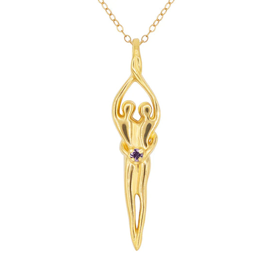 Load image into Gallery viewer, Large Soulmate Necklace, .925 Genuine Sterling Silver with 14kt Gold Overlay, 18&amp;quot; Chain, Charm 1 ¼&amp;quot; by 7/16&amp;quot;, Amethyst Cubic Zirconia
