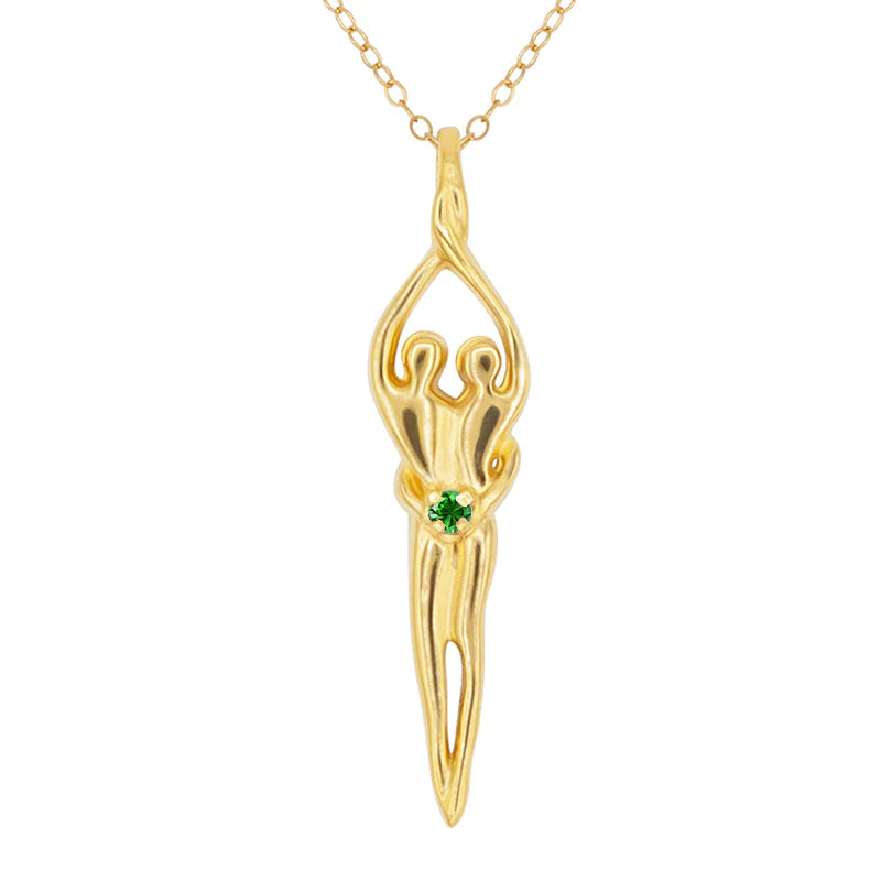 Load image into Gallery viewer, Large Soulmate Necklace, .925 Genuine Sterling Silver with 14kt Gold Overlay, 18&amp;quot; Chain, Charm 1 ¼&amp;quot; by 7/16&amp;quot;, Emerald Cubic Zirconia
