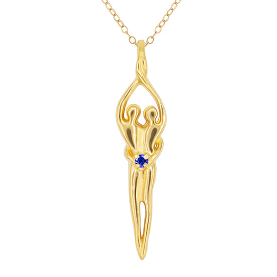 Load image into Gallery viewer, Large Soulmate Necklace, .925 Genuine Sterling Silver with 14kt Gold Overlay, 18&amp;quot; Chain, Charm 1 ¼&amp;quot; by 7/16&amp;quot;, Sapphire Cubic Zirconia

