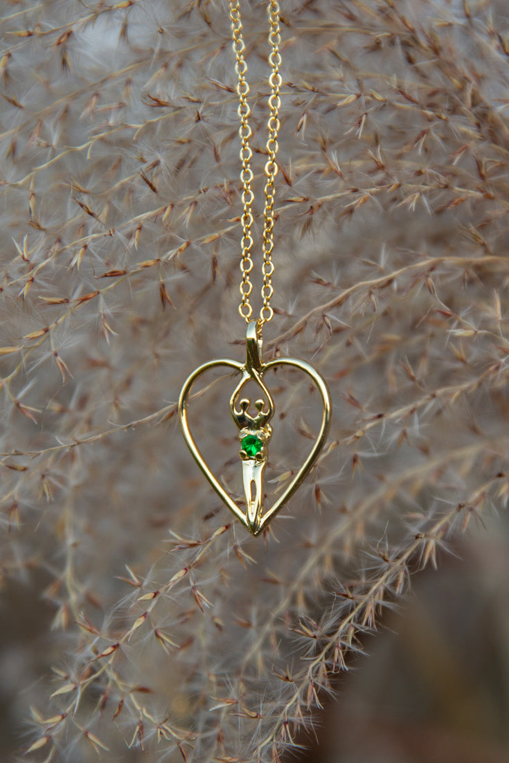 Medium Soulmate Heart Necklace, .925 Genuine Sterling Silver with 14kt. Gold Overlay, 18" Chain, Charm 1 ¼" by ¾", Emerald Cubic Zirconia