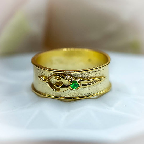 Unisex Soulmate Ring, Size 10, 11, 12,  .925 Genuine Silver with 14kt. Gold Overlay, Emerald Cubic Zirconia